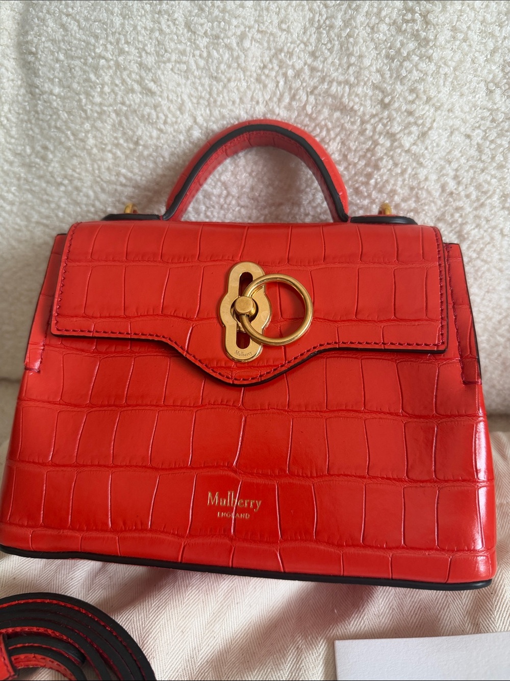 Mulberry Red Croc-Embossed Leather Top-Handle Satchel with Gold Hardware